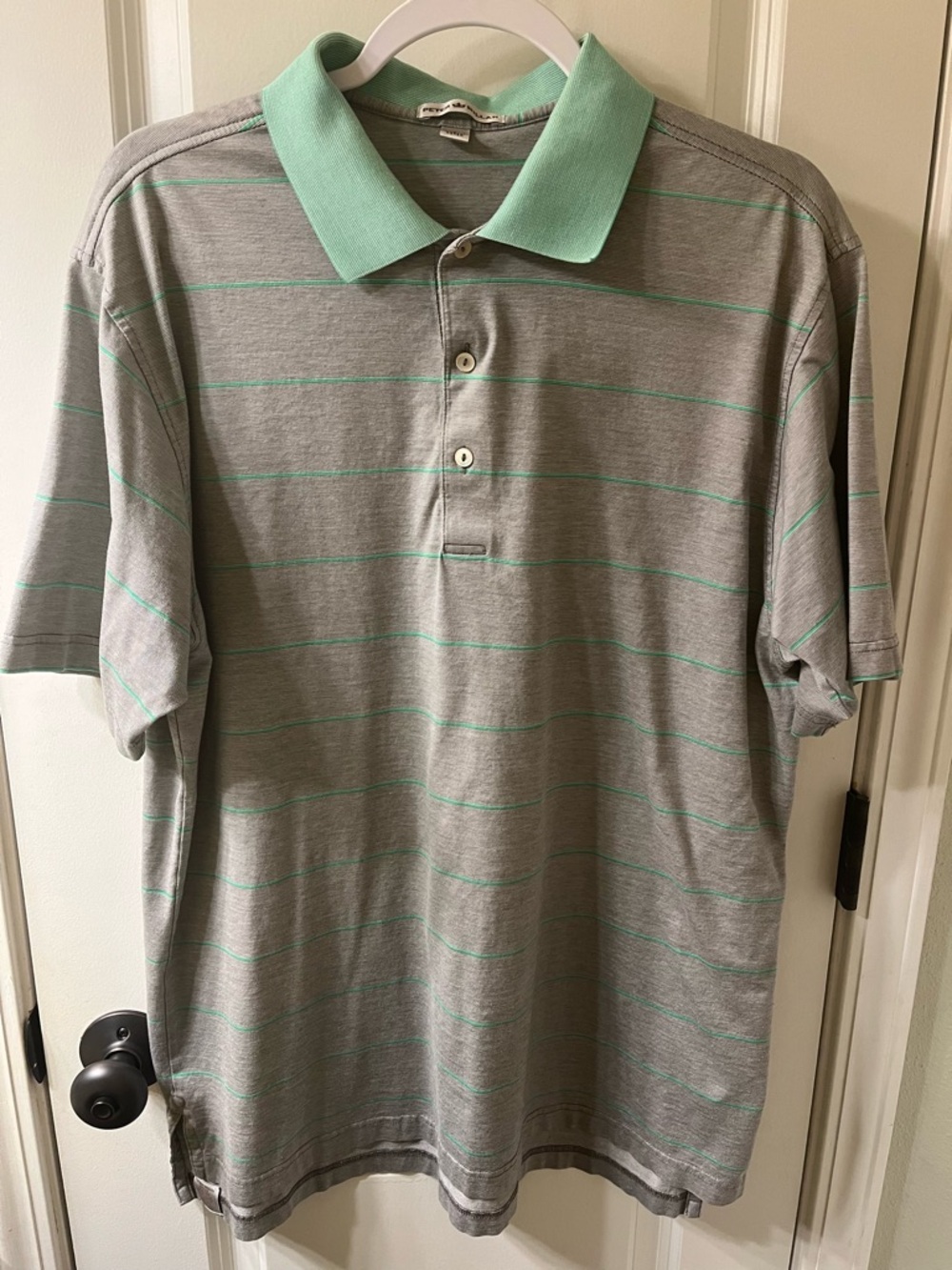 Peter Millar Gray Polo with Mint Green Collar and Stripe